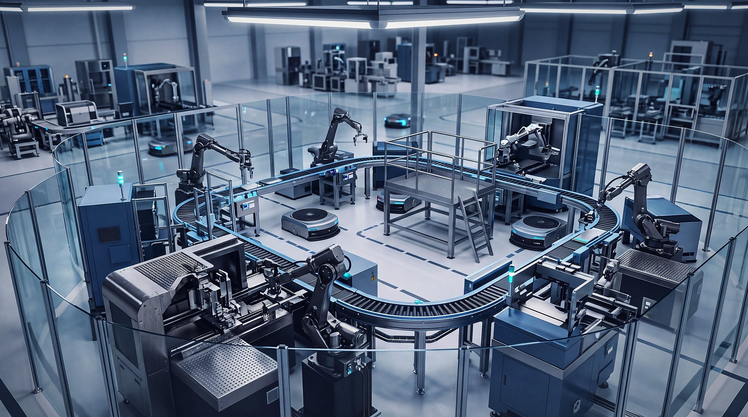 Automated production cell with robotic arms, conveyors and mobile robots