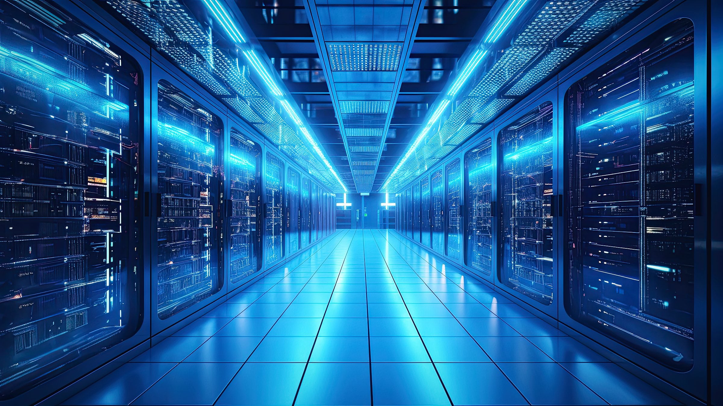 Aisle of illuminated server racks inside a data centre