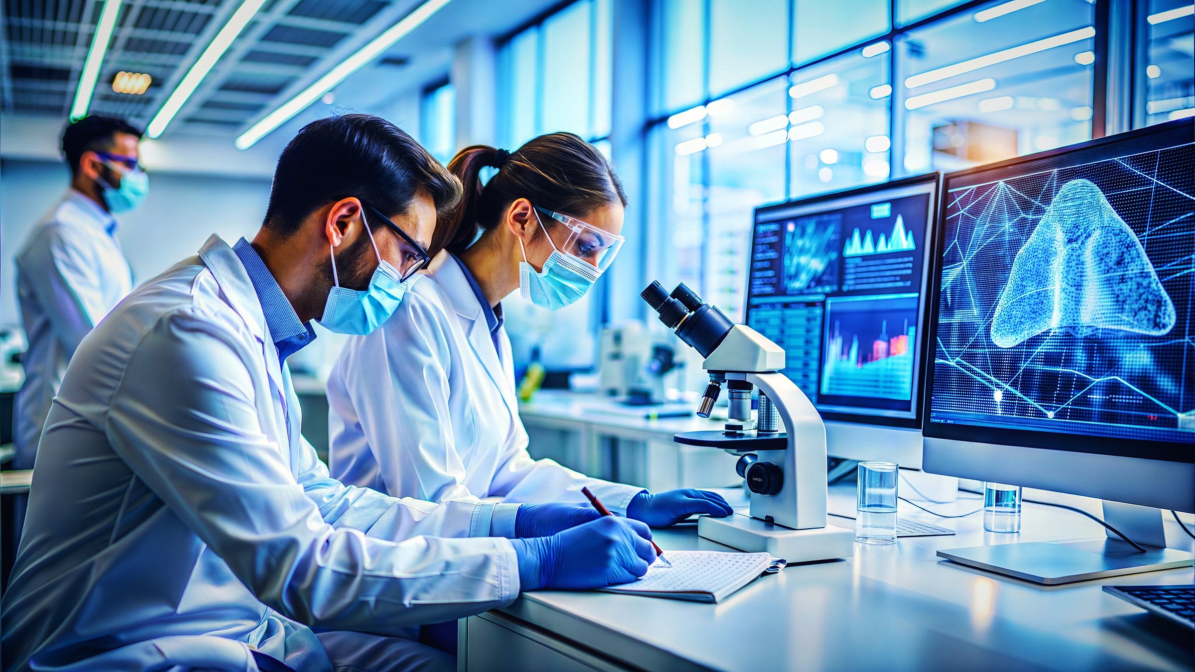 Scientists working at a microscope in a life sciences laboratory