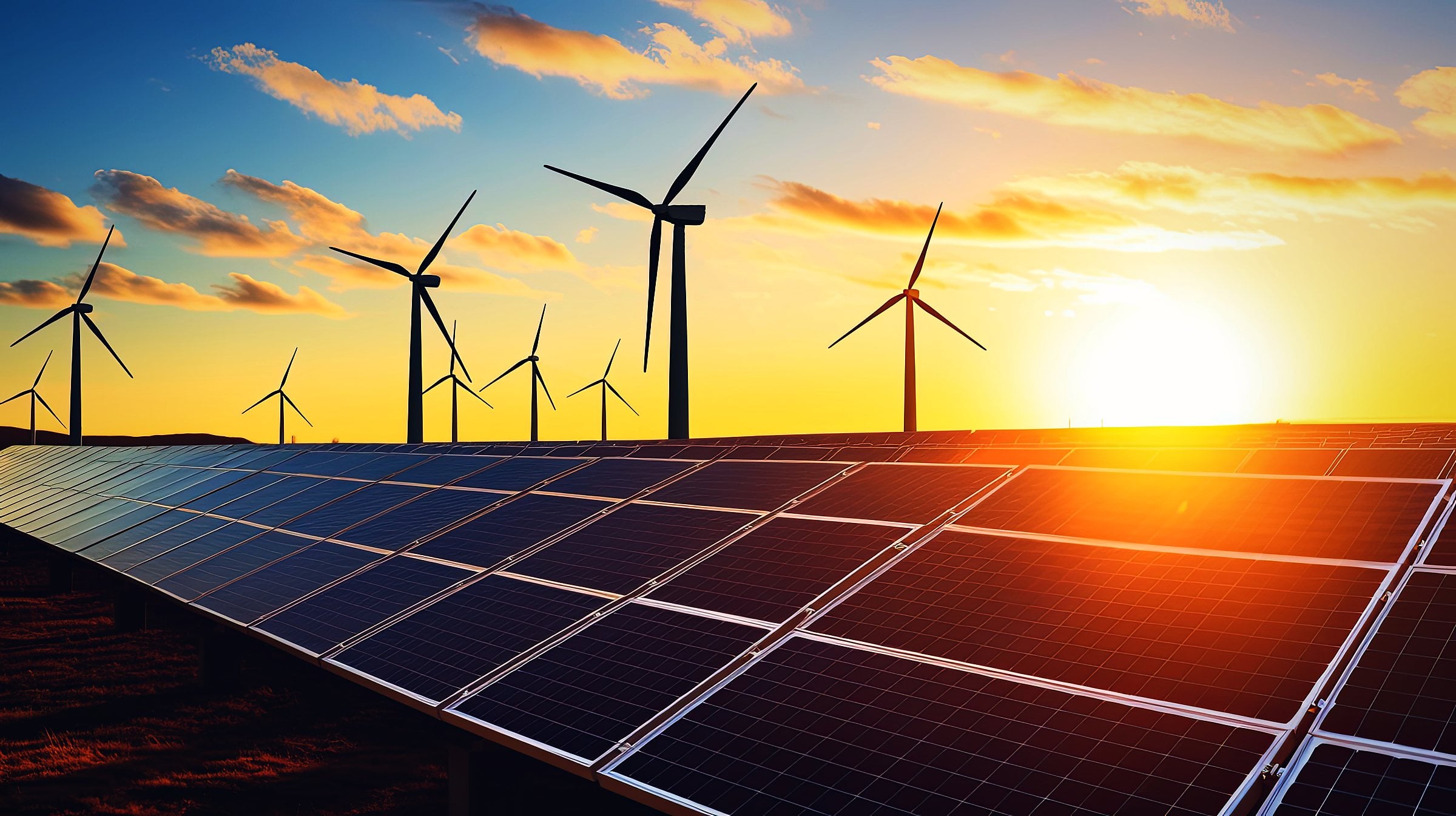 Solar panels and wind turbines at sunset