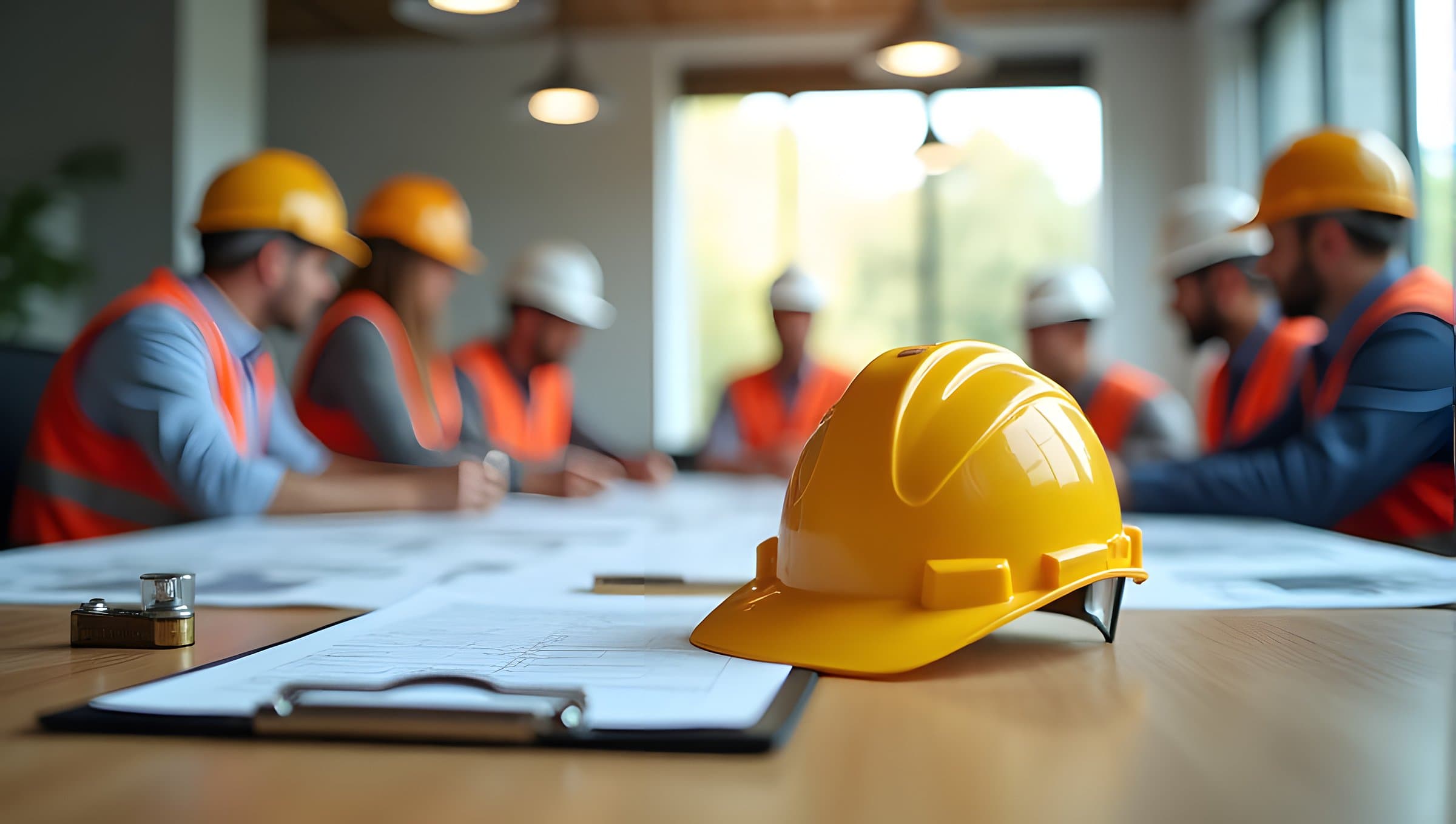 Hard hat and drawings on a table as a project team in hi-vis meets in the background